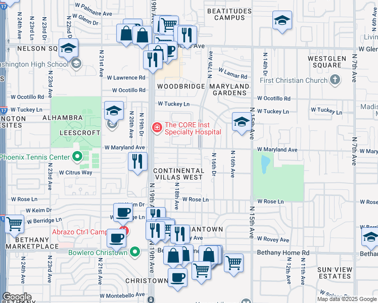 map of restaurants, bars, coffee shops, grocery stores, and more near 1729 West Maryland Avenue in Phoenix