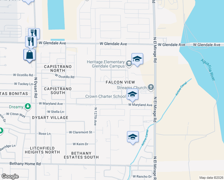 map of restaurants, bars, coffee shops, grocery stores, and more near 12548 West McLellan Road in Glendale