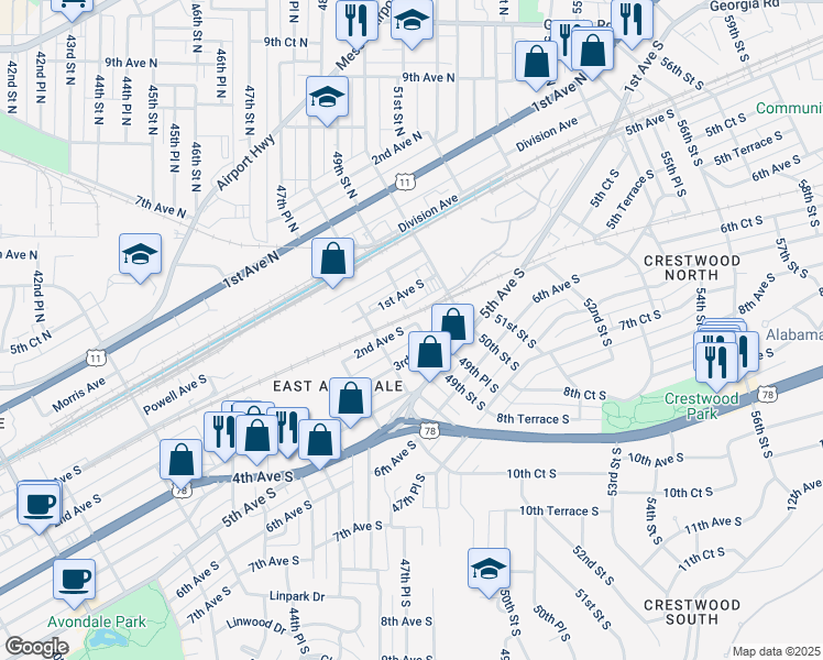 map of restaurants, bars, coffee shops, grocery stores, and more near 224 49th Street South in Birmingham