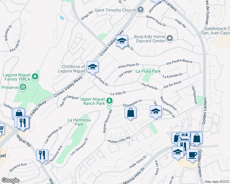 map of restaurants, bars, coffee shops, grocery stores, and more near 24771 La Vida Drive in Laguna Niguel