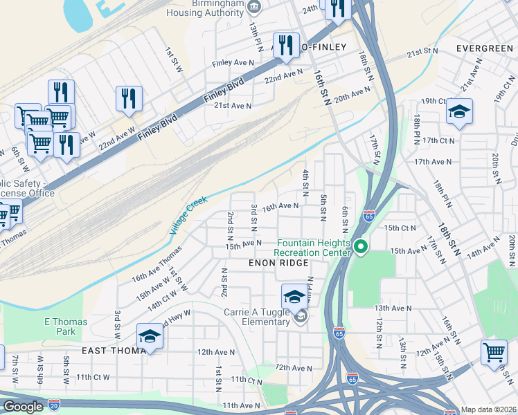 map of restaurants, bars, coffee shops, grocery stores, and more near 304 16th Avenue North in Birmingham