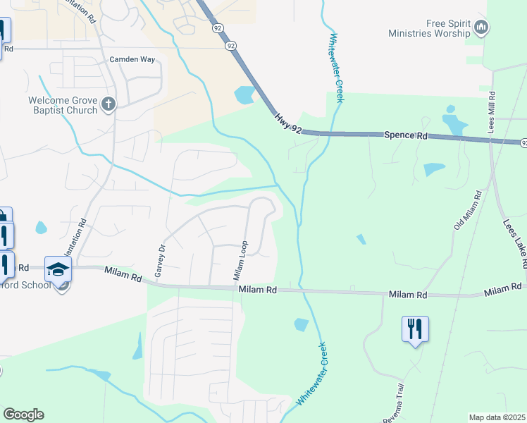 map of restaurants, bars, coffee shops, grocery stores, and more near 8268 Milam Loop in Fairburn