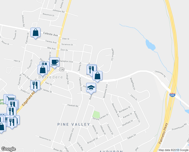 map of restaurants, bars, coffee shops, grocery stores, and more near 199 Belair Court in Belvedere