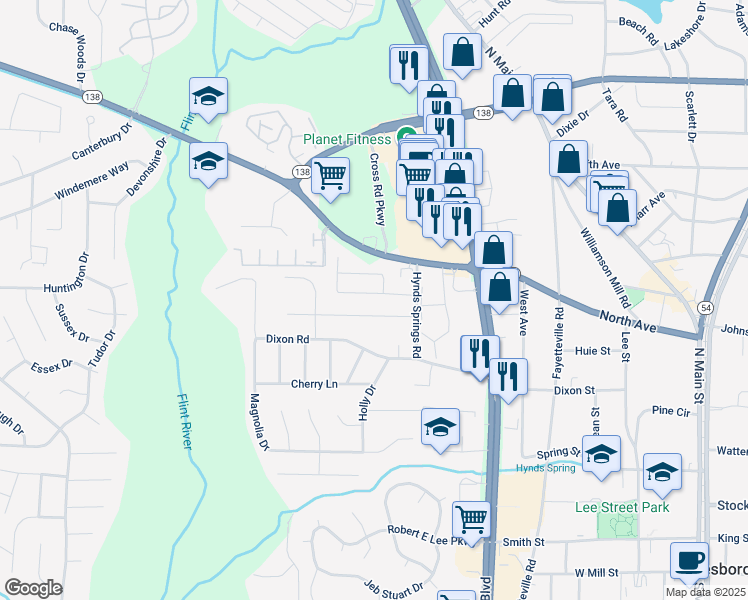 map of restaurants, bars, coffee shops, grocery stores, and more near 8193 Wynfield Drive in Jonesboro