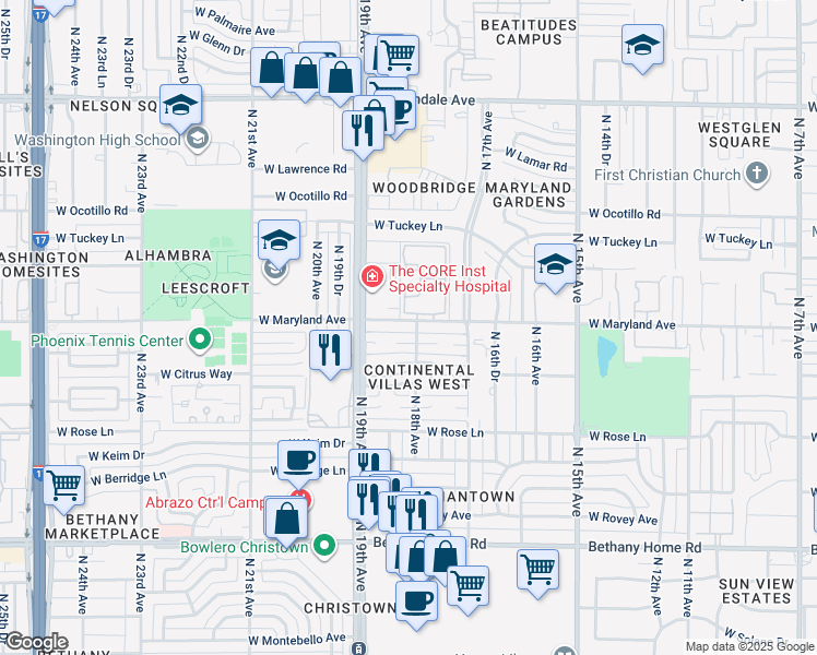 map of restaurants, bars, coffee shops, grocery stores, and more near 1807 West Maryland Avenue in Phoenix
