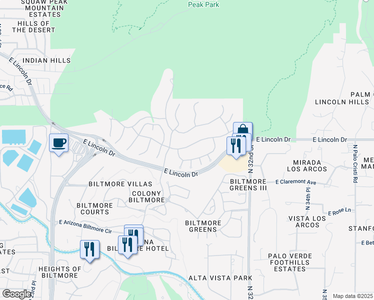 map of restaurants, bars, coffee shops, grocery stores, and more near 3023 East Sierra Vista Drive in Phoenix