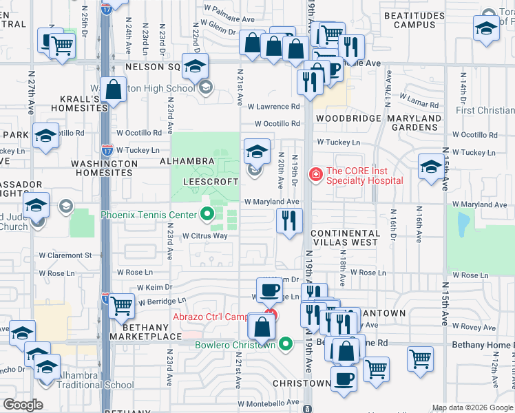 map of restaurants, bars, coffee shops, grocery stores, and more near 2026 West Stella Lane in Phoenix