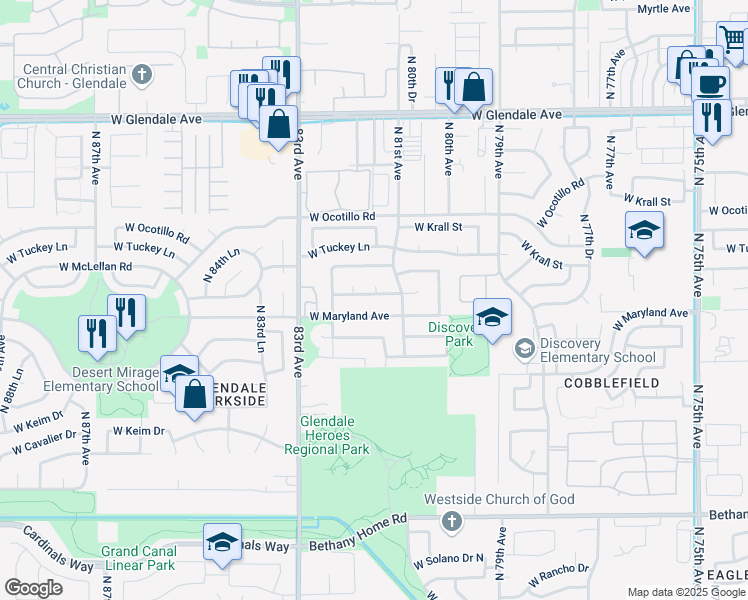 map of restaurants, bars, coffee shops, grocery stores, and more near 8127 West Sierra Vista Drive in Glendale