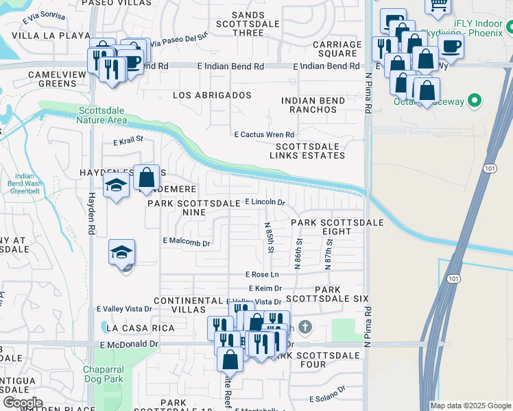 map of restaurants, bars, coffee shops, grocery stores, and more near 8437 East Lincoln Drive in Scottsdale