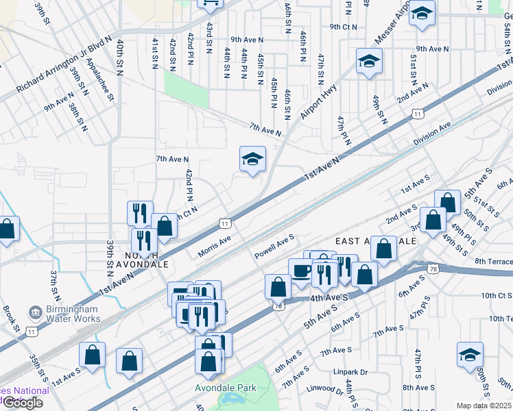map of restaurants, bars, coffee shops, grocery stores, and more near 1st Avenue North in Birmingham
