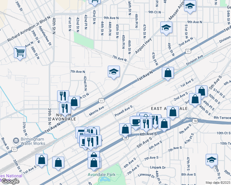map of restaurants, bars, coffee shops, grocery stores, and more near 1st Avenue North in Birmingham