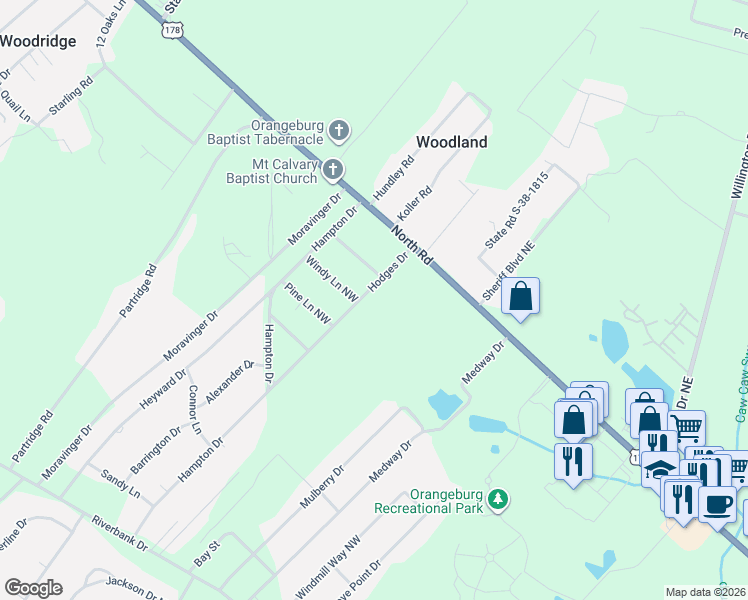 map of restaurants, bars, coffee shops, grocery stores, and more near 271 Hodges Drive in Orangeburg