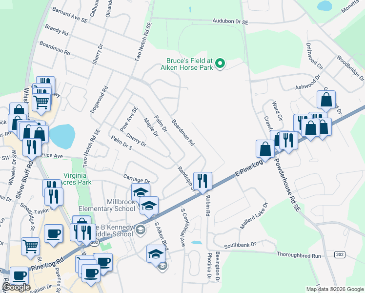 map of restaurants, bars, coffee shops, grocery stores, and more near 768 Palm Drive in Aiken