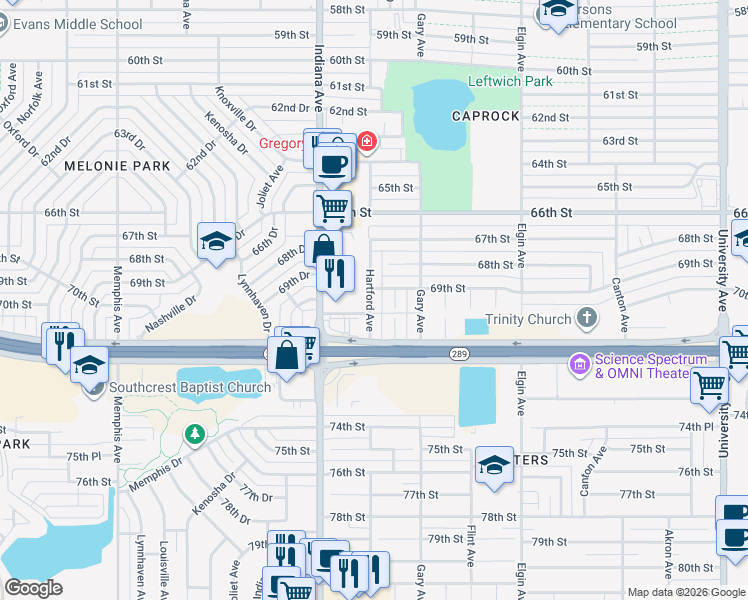 map of restaurants, bars, coffee shops, grocery stores, and more near 6910 Hartford Avenue in Lubbock