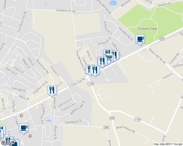 map of restaurants, bars, coffee shops, grocery stores, and more near 2 Crawford Avenue in Aiken