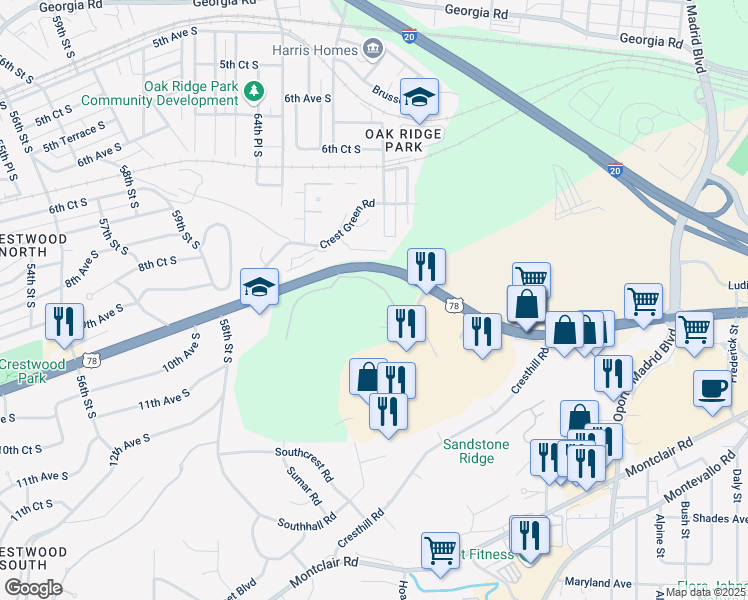 map of restaurants, bars, coffee shops, grocery stores, and more near 1018 Eagle View Drive in Birmingham