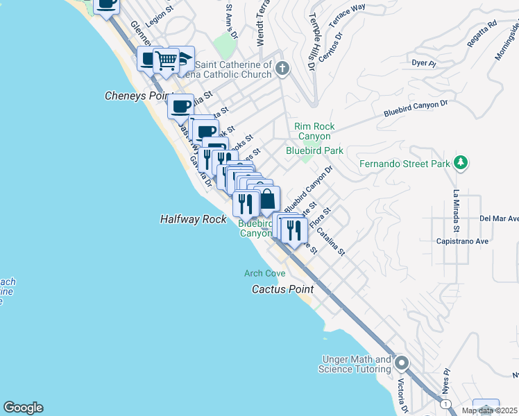 map of restaurants, bars, coffee shops, grocery stores, and more near 247 Calliope Street in Laguna Beach