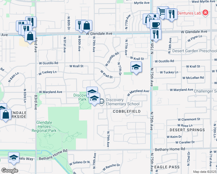 map of restaurants, bars, coffee shops, grocery stores, and more near 7778 West Sierra Vista Drive in Glendale