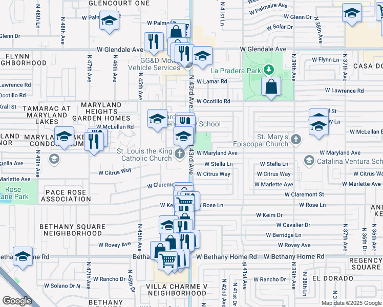 map of restaurants, bars, coffee shops, grocery stores, and more near N 43rd Ave & W Maryland Ave in Phoenix