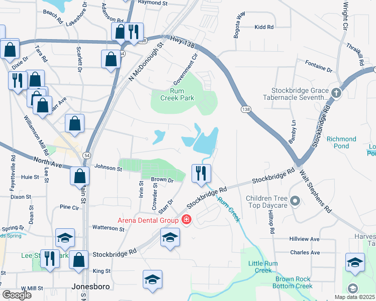 map of restaurants, bars, coffee shops, grocery stores, and more near 141 Ingleside Drive in Jonesboro