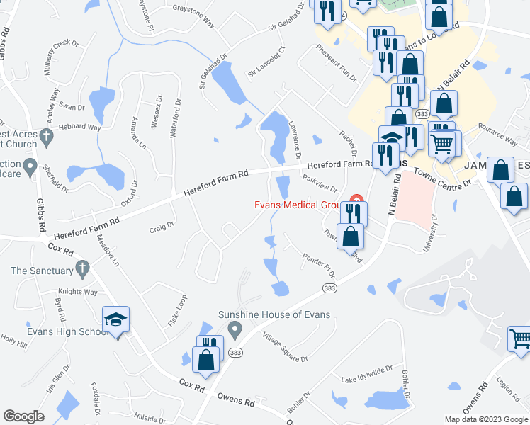 map of restaurants, bars, coffee shops, grocery stores, and more near 4458 Galway Drive in Evans