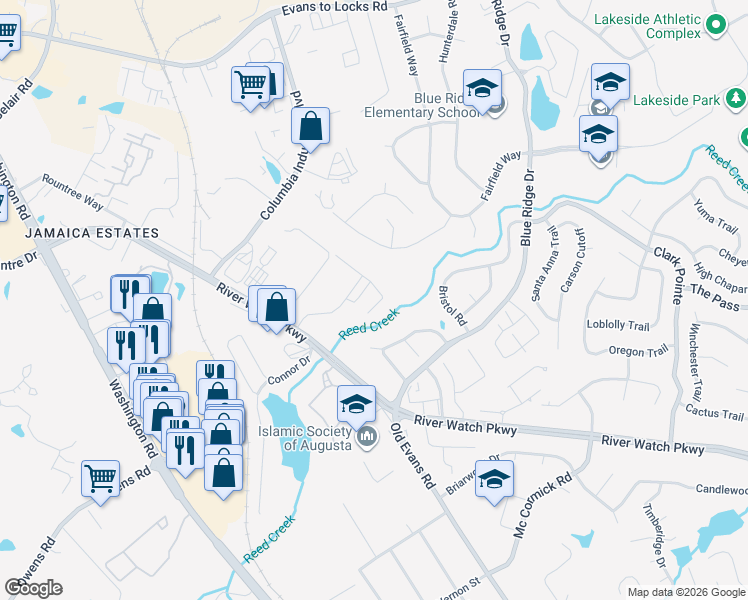 map of restaurants, bars, coffee shops, grocery stores, and more near 4361 River Watch Parkway in Evans