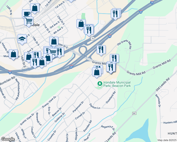 map of restaurants, bars, coffee shops, grocery stores, and more near 7231 Wisteria Drive in Irondale