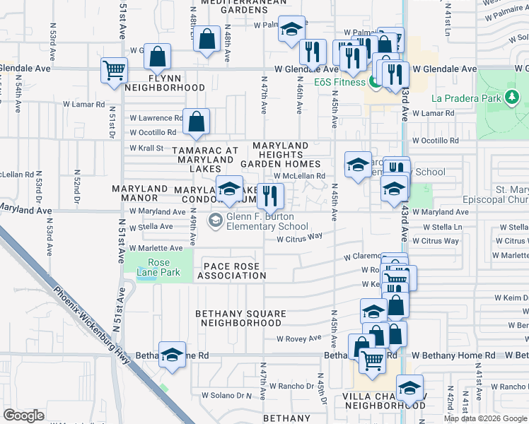 map of restaurants, bars, coffee shops, grocery stores, and more near N 47th Ave & W Maryland Ave in Glendale