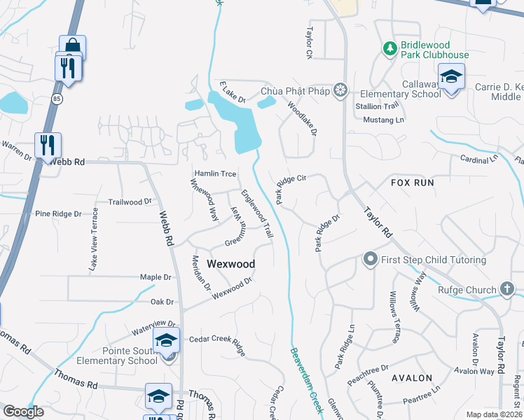 map of restaurants, bars, coffee shops, grocery stores, and more near 8186 Englewood Trail in Riverdale