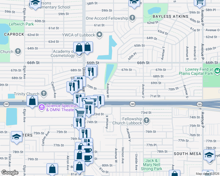 map of restaurants, bars, coffee shops, grocery stores, and more near 2129 70th Street in Lubbock