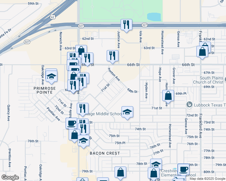 map of restaurants, bars, coffee shops, grocery stores, and more near 6100-6134 72nd Place in Lubbock