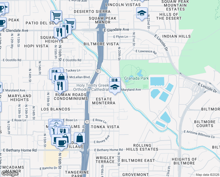 map of restaurants, bars, coffee shops, grocery stores, and more near 1973 East Maryland Avenue in Phoenix