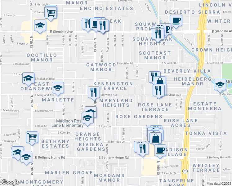 map of restaurants, bars, coffee shops, grocery stores, and more near 1336 East Maryland Avenue in Phoenix