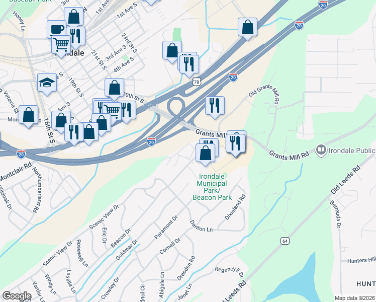 map of restaurants, bars, coffee shops, grocery stores, and more near 5320 Beacon Drive in Irondale