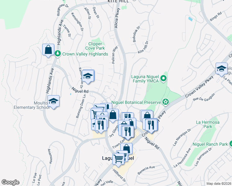 map of restaurants, bars, coffee shops, grocery stores, and more near 23751 Cambridge Circle in Laguna Niguel