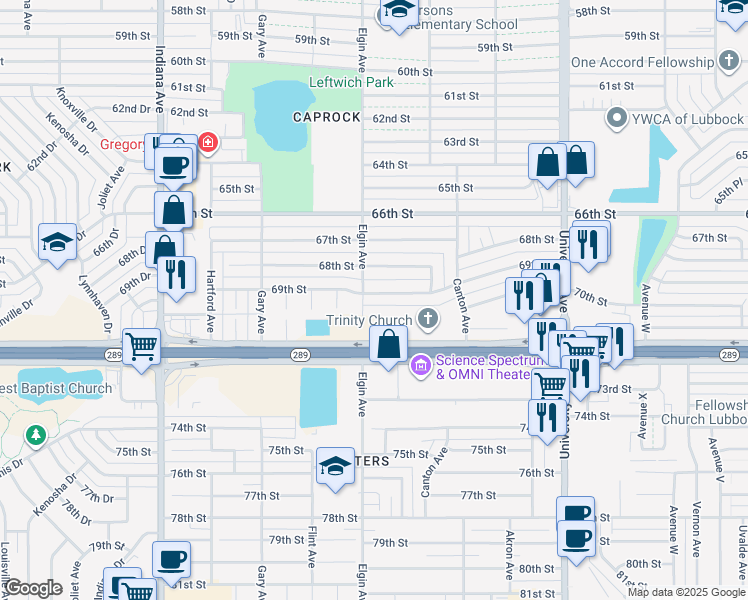 map of restaurants, bars, coffee shops, grocery stores, and more near 2921 69th Street in Lubbock