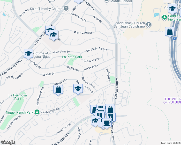 map of restaurants, bars, coffee shops, grocery stores, and more near 25231 Spindlewood in Laguna Niguel