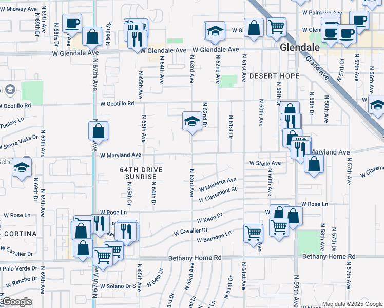 map of restaurants, bars, coffee shops, grocery stores, and more near North 63rd Avenue & West Maryland Avenue in Glendale