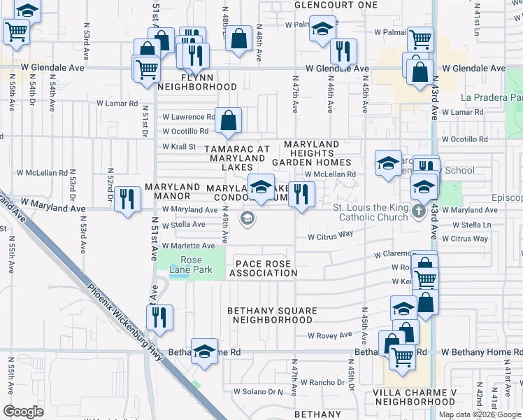 map of restaurants, bars, coffee shops, grocery stores, and more near 4801 West Maryland Avenue in Glendale