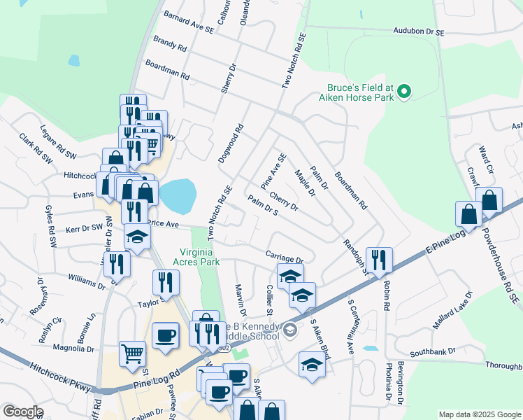 map of restaurants, bars, coffee shops, grocery stores, and more near 525 Palm Drive in Aiken