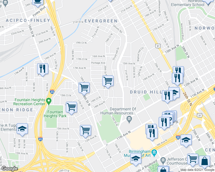 map of restaurants, bars, coffee shops, grocery stores, and more near 1512 20th Street North in Birmingham