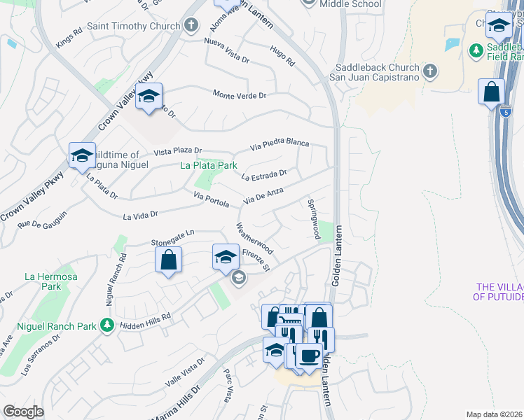 map of restaurants, bars, coffee shops, grocery stores, and more near 25201 Spindlewood in Laguna Niguel
