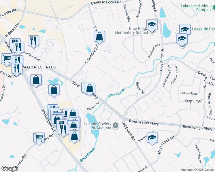 map of restaurants, bars, coffee shops, grocery stores, and more near 4355 River Watch Parkway in Evans
