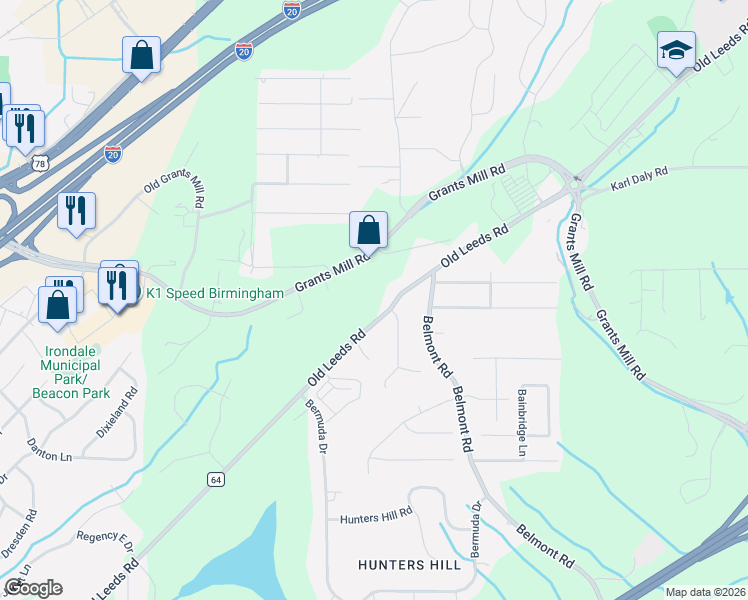 map of restaurants, bars, coffee shops, grocery stores, and more near 5650 Old Leeds Road in Irondale