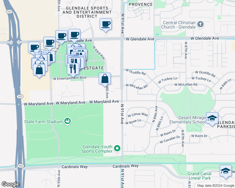 map of restaurants, bars, coffee shops, grocery stores, and more near 6580 North 91st Avenue in Glendale