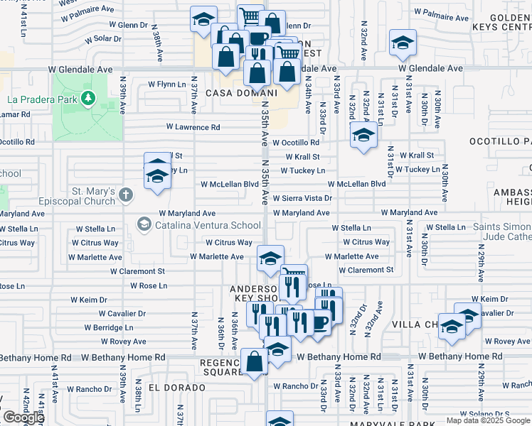 map of restaurants, bars, coffee shops, grocery stores, and more near N 35th Ave & W Maryland Ave in Phoenix