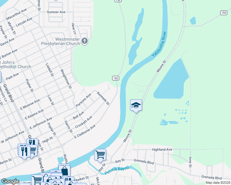 map of restaurants, bars, coffee shops, grocery stores, and more near 811 East Claiborne Avenue in Greenwood