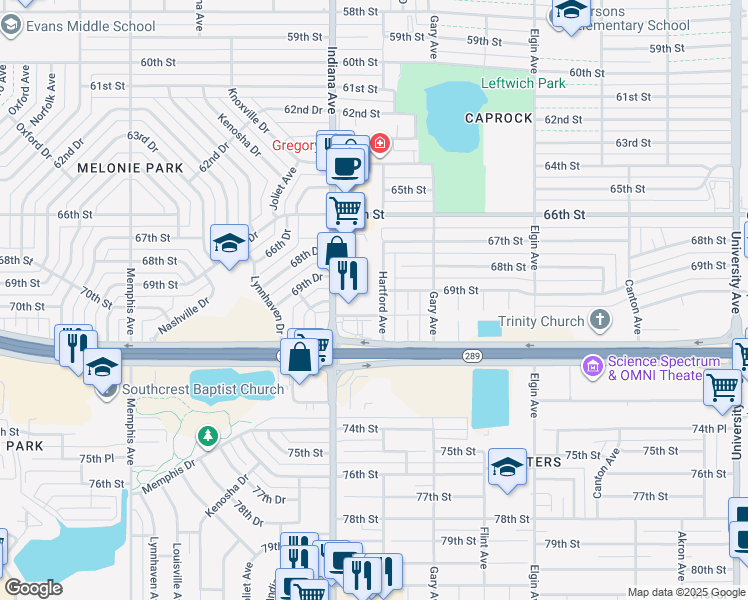 map of restaurants, bars, coffee shops, grocery stores, and more near 6910 Hartford Avenue in Lubbock