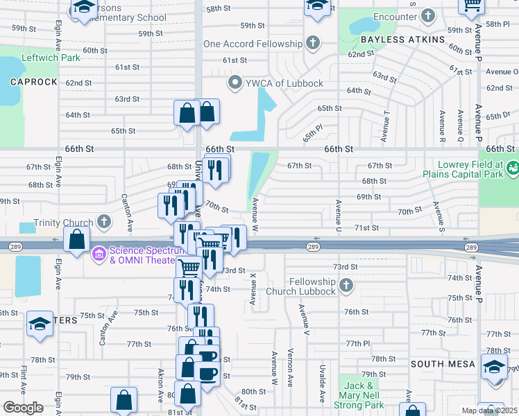 map of restaurants, bars, coffee shops, grocery stores, and more near 2129 70th Street in Lubbock
