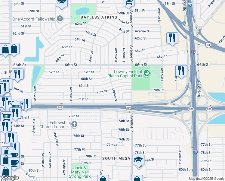 map of restaurants, bars, coffee shops, grocery stores, and more near 1901 70th Street in Lubbock